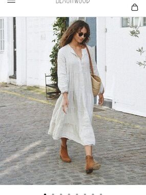 Relaxed Cream Tiered Long-Sleeve Linen Dress (Mara Dress in color Moon)